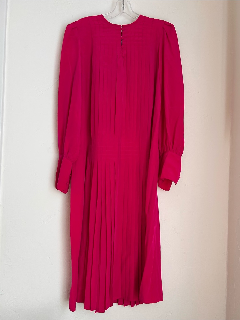 Vintage 100% Silk Fuchsia Long-Sleeve Pleated Midi Dress